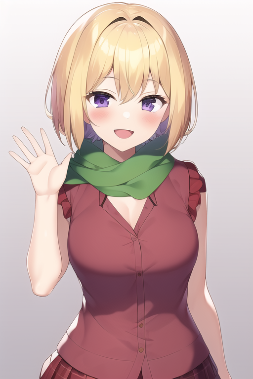 Generation with NovelAI Diffusion (Curated), our anime model for “Tags: purple eyes, 1girl, short hair, smile, open mouth, ruffled blouse, red blouse, pleated skirt, blonde hair, green scarf, waving at viewer”