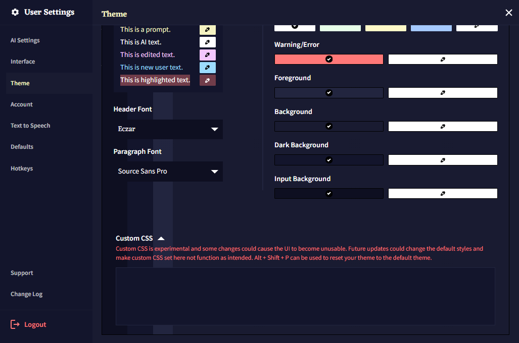 The Custom CSS field is located under User Settings, Theme and then toggled with the drop down arrow next to Custom CSS