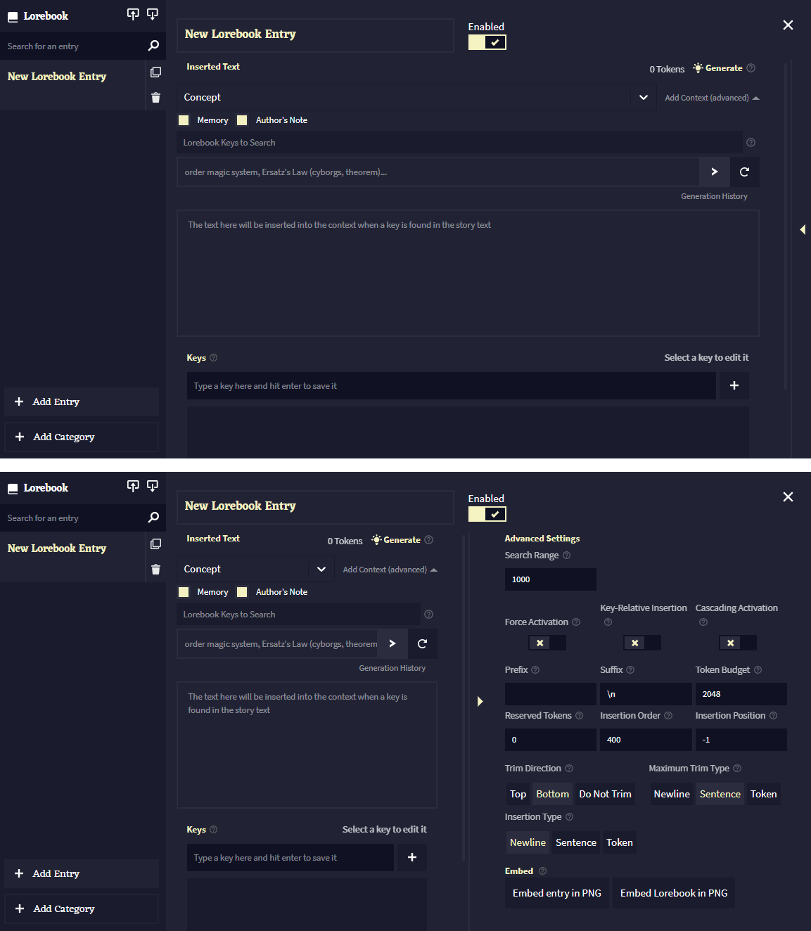 Hide the advanced Lorebook settings